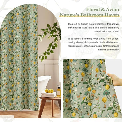 Green Floral Bird Shower Curtain 72x72, Hummingbird and Lemon Botanical Fabric Bath Curtains, Lightweight Quick-Dry Bathroom Decor Set with Hooks, Light Green