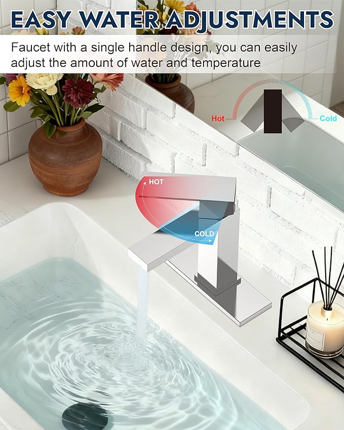 Midanya Bathroom Faucets 1 Hole, Single Handle Stainless Steel Bathroom Sink Faucet, Modern Vanity Faucets with Deck Plate,Water Supply Hoses and Pop Up Drain,Polish Chrome