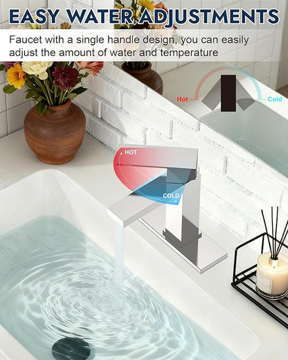 Midanya Bathroom Faucets 1 Hole, Single Handle Stainless Steel Bathroom Sink Faucet, Modern Vanity Faucets with Deck Plate,Water Supply Hoses and Pop Up Drain,Polish Chrome