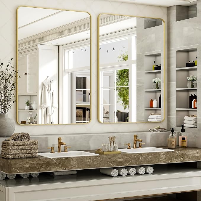 Easly 30 x 48 Inch Bathroom Mirror, Rounded Rectangular Vanity Mirror for Wall, Modern Mirror for Room Decor, Gold Framed Wall-Mounted Mirrors for Home Decor, Hangs Horizontally or Vertically