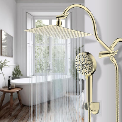 Hibbent All Metal CUPC Certified Shower Head, 10'' High Pressure Rainfall Shower Head, Handheld Showerhead Combo, 12'' Adjustable Extension Arm, 10 Sprays, 71'' Hose, Shower Holder, Polished Brass