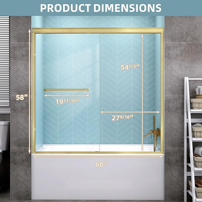 GETPRO Shower Door Double Sliding 56-60 in. W x 58 in. H Semi-Frameless Bypass Bathroom Tub Shower Glass Door,1/4 inch Clear Tempered Glass Bathtub Door Brushed Gold