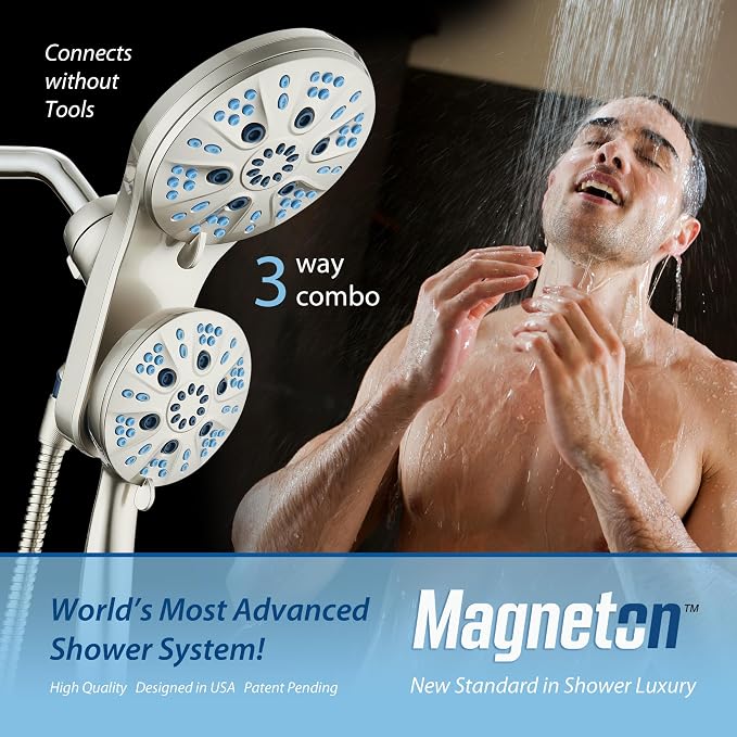 AquaCare Magneton 48-Mode High Pressure Rain & Handheld Shower Head Combo | Space-age Magnetic Guidance Docking, Dual 6-mode Heads with Hygienic Jets, Extra-long 6 ft. Stainless Steel Hose / Nickel