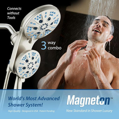 AquaCare Magneton 48-Mode High Pressure Rain & Handheld Shower Head Combo | Space-age Magnetic Guidance Docking, Dual 6-mode Heads with Hygienic Jets, Extra-long 6 ft. Stainless Steel Hose / Nickel
