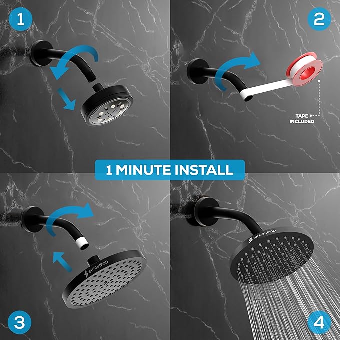 SparkPod Rain Shower Head, 8 Inch Round, Midnight Black Matte Finish | High Pressure Shower Heads, 90 Nozzles, Adjustable Showerhead, No Tools Needed, Universal Connection