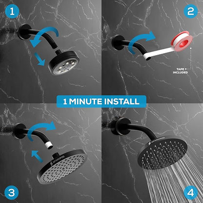 SparkPod Rain Shower Head, 8 Inch Round, Midnight Black Matte Finish | High Pressure Shower Heads, 90 Nozzles, Adjustable Showerhead, No Tools Needed, Universal Connection