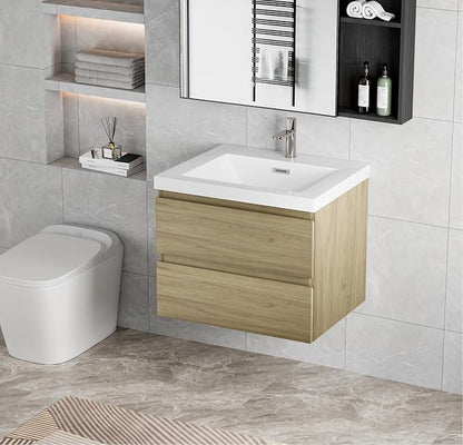 KEIKI 30'' Wall-Mounted Bathroom Vanity with Sink - Floating Design, 2 Soft-Close Drawers & Resin Basin, Space-Saving for Small Bathrooms, Natural Oak