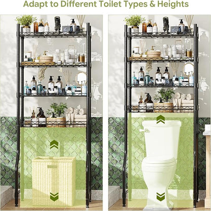 Simple Trending 4 Tier Over The Toilet Storage Rack, Bathroom Organizers and Storage Over Toilet with Adjustable Shelf and Basket, (Black)