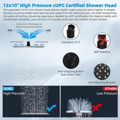 Hibbent All Metal 12'' Rain Shower Head, 16'' Extension Arm, Matte Black | cUPC Certified High Pressure Rainfall Showerhead with Solid Brass Adjustable Shower Head Extension Arm, Fixed Showerheads