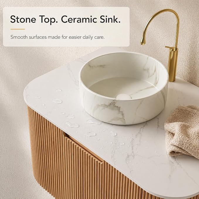 30 Inch Bathroom Vanity with Sink, Floating Wall Mounted Single Sink Vanity, Natural Woodgrain Curved Fluted Front, Stone Top, Marble-Look Round Vessel Basin, Pre-Assembled