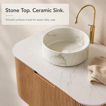 30 Inch Bathroom Vanity with Sink, Floating Wall Mounted Single Sink Vanity, Natural Woodgrain Curved Fluted Front, Stone Top, Marble-Look Round Vessel Basin, Pre-Assembled