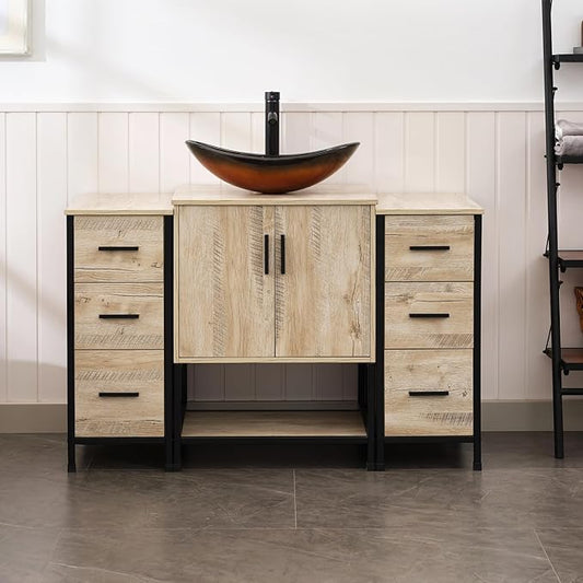 UEV 48" Rustic Oak Bathroom Vanity with Sink Combo,Industrial Iron Frame Bathroom Cabinet Sets with Double 3 Drawers Side Cabinet,Modern Brown Boat Tempered Glass Vessel Sink(029BR)