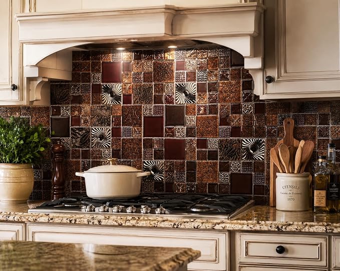 Red Wine Colors Glass Tile 2'' x 2'' Leaf Carving Imprints Antique Mosaics Textured Rose Gold Metal Kitchen Bathroom Walls Backsplash Tiles (Pack of 5 Square Feet)