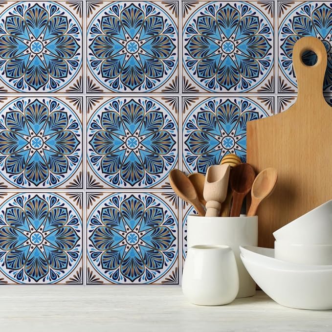 DICOFUN 32 Moroccan Tile Peel and Stick Backsplash, 6" x 6" Waterproof Mandala Stick on Wall Tiles (Style 5)