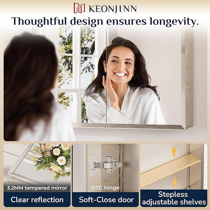 Keonjinn Brushed Nickel Medicine Cabinet Mirror 24" x 32", Assembly Needed, Recessed Medicine Cabinet with Mirror for Bathroom, Beveled Framed, Surface Wall-Mounted or Recessed, Tempered Glass