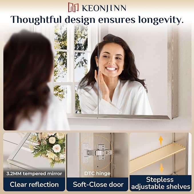 Keonjinn Brushed Nickel Bathroom Medicine Cabinet with Mirror 30 x 26 Inch | Assembly Needed, 2 Door, Adjustable Shelves, Aluminum Rust-Resistant, Surface Mount or Recessed Bathroom Medicine Cabinet