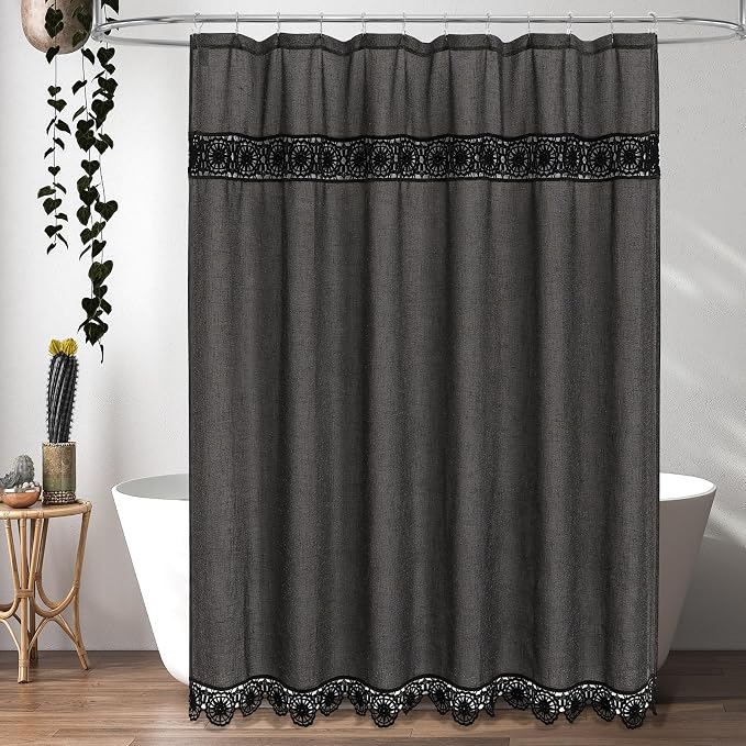 Linen Boho Lace Shower Curtain Liner Set 72x72 | Farmhouse Shower Curtain with Macrame Decor, Bohemian Cotton French Country Bath Curtain , Dark Grey