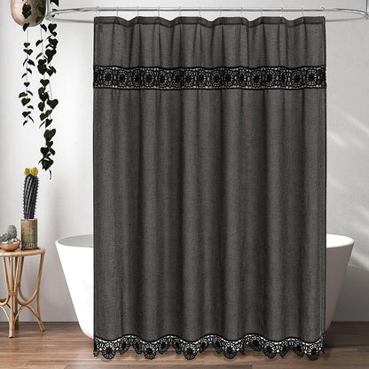 Linen Boho Lace Shower Curtain Liner Set 72x72 | Farmhouse Shower Curtain with Macrame Decor, Bohemian Cotton French Country Bath Curtain , Dark Grey