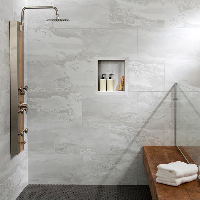 Palisade 17.5 in x 15.5 in Vinyl Shower Niche Iced Pewter/Urban Fjord | Waterproof Shower Insert