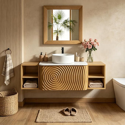 54" Floating Bathroom Vanity with Sink, Mid-Century Wall Mounted Bathroom Vanity Cabinet with Wood Waved Decor,Ceramic Vessel Basin and Sintered Stone Top, Soft Close Drawer, 2 Side Open Cube