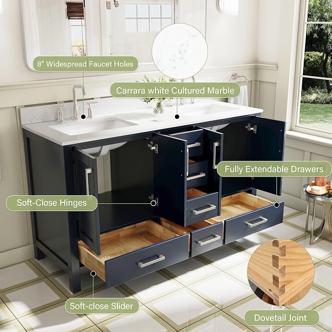 60-Inch Bathroom Vanity with Sink, 4 Soft-Close Doors and 6 Soft-Close Drawers, Bathroom Freestanding Vanity with Cultured Marble Countertop, Navy Blue Vanity with Brushed Nickel Handles