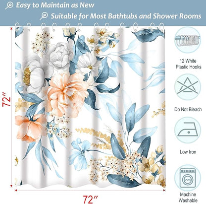 Floral Flower Fabric Shower Curtain with 12 Hooks, 120GSM, 72x72 | Printed Botanical Bathroom Curtain,Polyester Shower Curtain Water-resistant