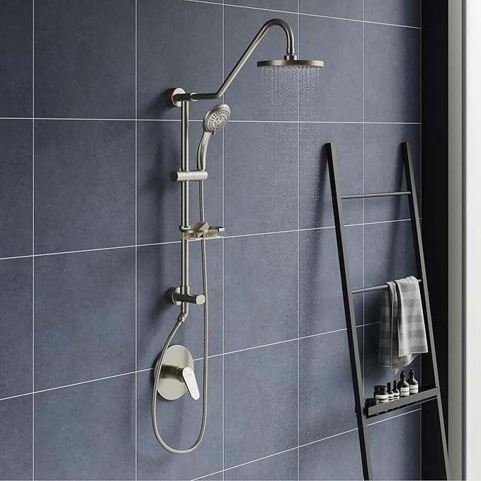 PULSE ShowerSpas Kauai III Brushed Nickel Rain Shower Head with Handheld Spray - 1.8 GPM, 8" Showerhead, 5-Function HandShower, Adjustable Slide Bar - Shower Heads with Handheld Spray Combo