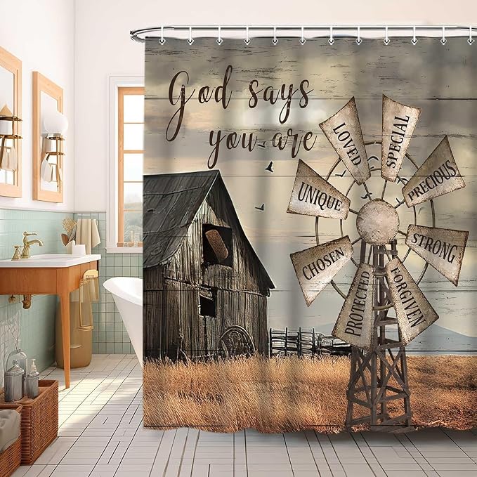 Western Barn Windmill Shower Curtain Sets for Bathroom, Rustic Inspirational Quotes Country Vintage Shower Curtains, Waterproof Farmhouse Bathroom Bathbub Decor Curtains with Hooks, 70X75IN