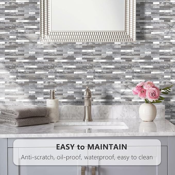 STICKGOO Peel and Stick Backsplash, PVC Wall Tiles Stick on Backsplash for Kitchen(1 Sheet, Distressed Wood with Metal Silver)