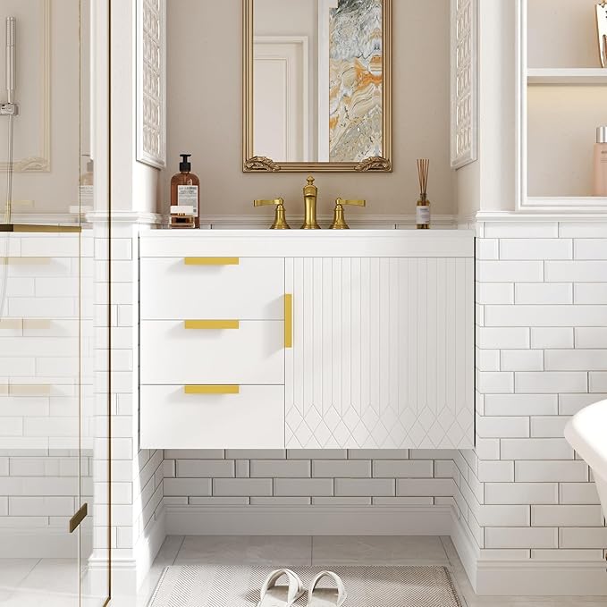 30 Inch Bathroom Vanity with Sink, Wall Mounted Bathroom Storage Cabinet with Soft Closing Door and 2 Drawers, Floating Bathroom Vanities with Decor Line