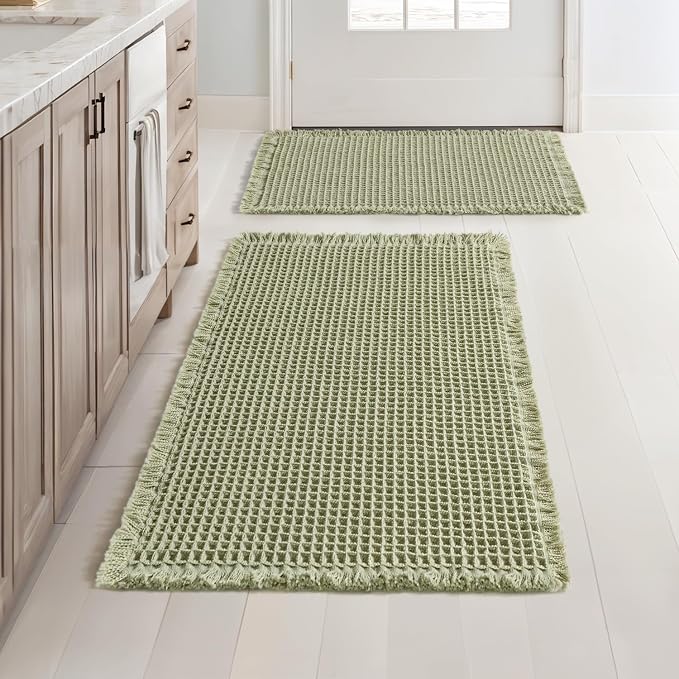 MIULEE Set of 2 Waffle Bathroom Rugs Sage Green Bath Mat 17"x24"+18"x30" | Non Slip, Super Absorbent, Washable, Ultra Soft, Rubber Backed, Small Boho Bath Rugs for Bathroom Floor Tub Shower