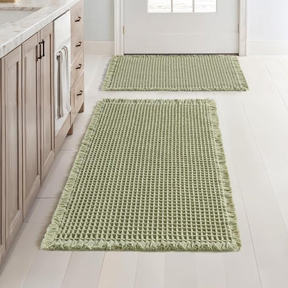 MIULEE Set of 2 Waffle Bathroom Rugs Sage Green Bath Mat 17"x24"+18"x30" | Non Slip, Super Absorbent, Washable, Ultra Soft, Rubber Backed, Small Boho Bath Rugs for Bathroom Floor Tub Shower