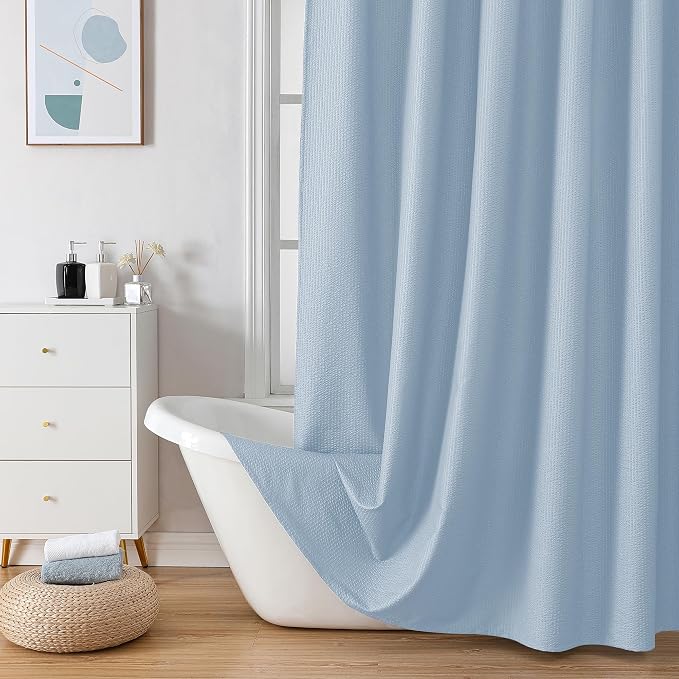 Extra Long Shower Curtain 72 x 96 Inch, 3D Embossed Textured Fabric Bathroom Shower Curtain, Large Hotel Bath Curtain with 12 Holes, Machine Washable Water Resistance, Glacier Blue