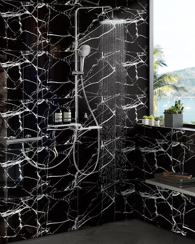 10 Sheets Marble Peel and Stick Backsplash Tile, 12"x12" Waterproof PVC Self Adhesive Tile Shower Wall Panels for Bathroom, Kitchen, Living Room (Black White)