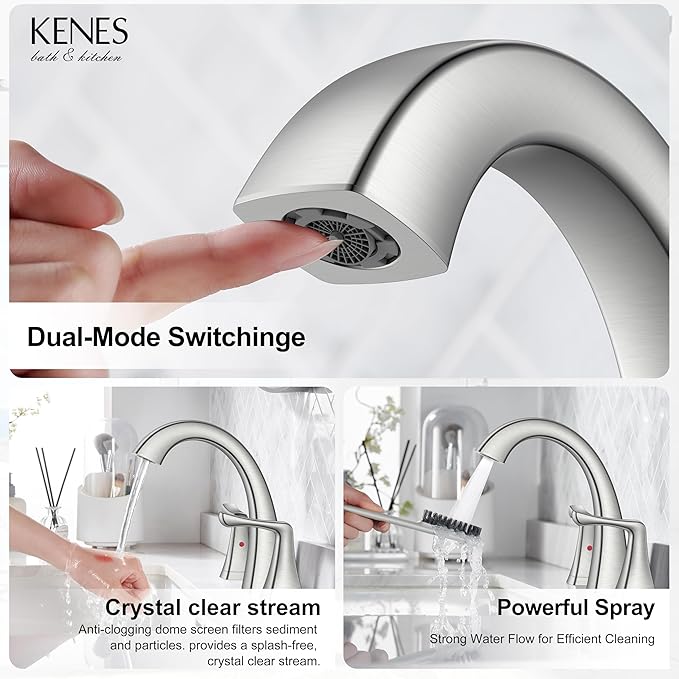 KENES Bathroom Faucets for Sink 3 Hole, Brushed Nickel 2 Handle 8 Inch Widespread Bathroom Faucet, Bathroom Vanity Faucet with Pop Up Drain & Supply Lines, LJ-9075