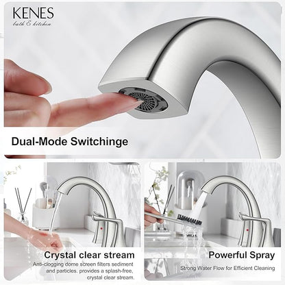 KENES Bathroom Faucets for Sink 3 Hole, Brushed Nickel 2 Handle 8 Inch Widespread Bathroom Faucet, Bathroom Vanity Faucet with Pop Up Drain & Supply Lines, LJ-9075