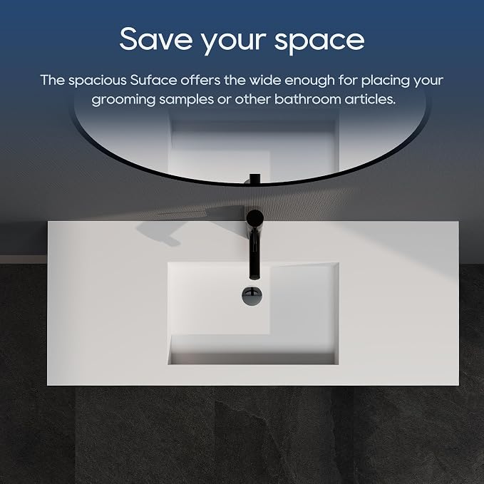 SJ Star&Jane 48" x 19" in Solid Surface Bathroom Sink, Wall-Mount or Countertop Vessel Sink, Rectangle Floating Vanity Sink, Pre-installed Faucet Holes, Durable Modern Design