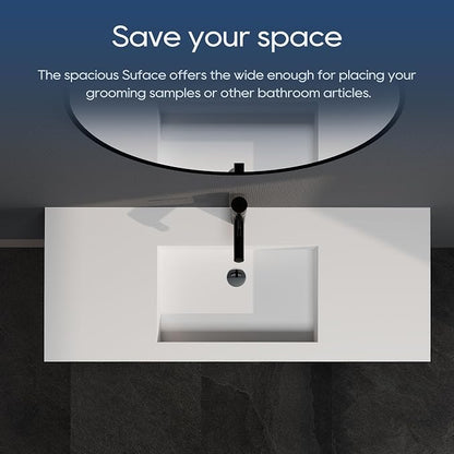 SJ Star&Jane 48" x 19" in Solid Surface Bathroom Sink, Wall-Mount or Countertop Vessel Sink, Rectangle Floating Vanity Sink, Pre-installed Faucet Holes, Durable Modern Design