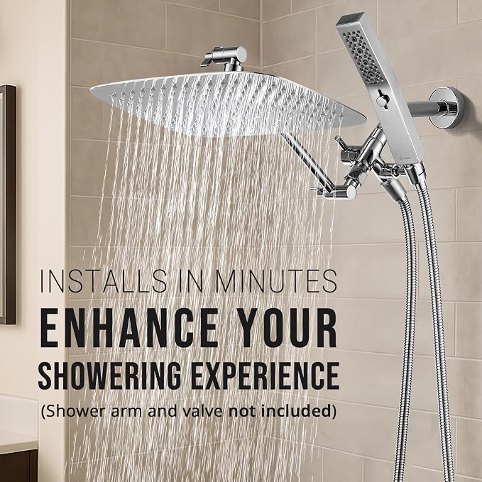 G-Promise All Metal 12" Rain Shower Head with Handheld for Bathroom Upgrade | All Metal, Built to Last, Easy Install, Adjustable Height & Angle for All Heights, Extra Long Hose, Modern Upgrade