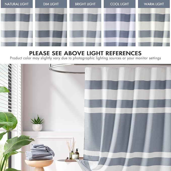 Madison Park Spa Waffle Extra Wide Shower Curtain, 108 x 72, Indigo Blue | Striped, Pieced Fabric Design, 3M Scotchgard Moisture Management, Hotel Quality, Modern, for Bathroom, OEKO-TEX Certified