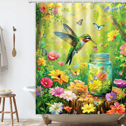 Floral Hummingbird Shower Curtain for Bathroom with Hooks Green 72x72 | Flowers Bird Wish Bottle Shower Curtain Polyester Waterproof Machine Washable Farmhouse Home Decor Bath Curtain