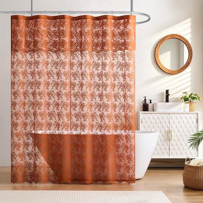 Orange Shower Curtain 72x84, Terracotta Lace with Attached Valance | Scallop Edge, Sheer Bath Curtain, Floral Lace Design, Semi-Sheer Privacy, Vintage Rustic Farmhouse Fall Bathroom Decor
