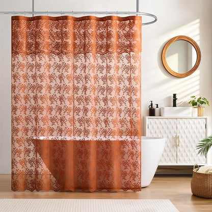 Orange Shower Curtain 72x84, Terracotta Lace with Attached Valance | Scallop Edge, Sheer Bath Curtain, Floral Lace Design, Semi-Sheer Privacy, Vintage Rustic Farmhouse Fall Bathroom Decor