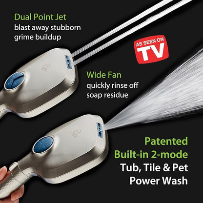 AquaCare 4X 10-Mode High Pressure Hand Shower w/Filter & 2-mode Power Wash | Filters Chlorine & Toxins, Softens Hard Water for Healthy Skin & Hair. Handheld Power Head Cleans Tub, Tile & Pets / Nickel