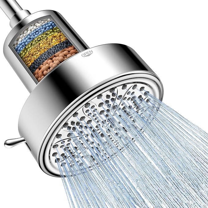 FEELSO Filtered Shower Head, High Pressure Shower Head with Filters | One-Click Filter Change Design, 6 Spray Rain Showerhead for hard water, Remove Chlorine, Improves Skin & Hair