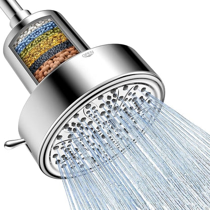 FEELSO Filtered Shower Head, High Pressure Shower Head with Filters | One-Click Filter Change Design, 6 Spray Rain Showerhead for hard water, Remove Chlorine, Improves Skin & Hair