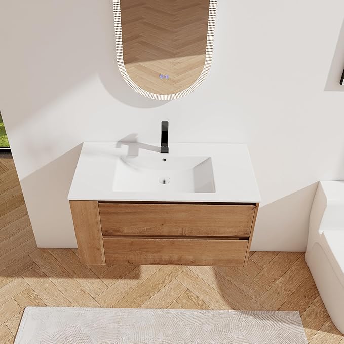 Henf 36" Wall Mounted Bathroom Vanity with Ceramic Sink, Modern Floating Oak Bathroom Vanity Cabinet with 2 Soft Close Drawers & Open Storage Shelf