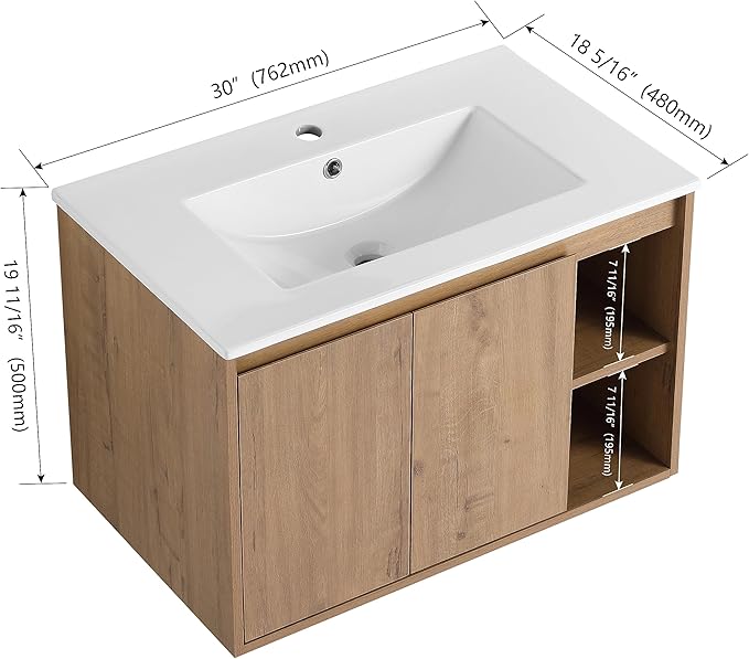 30 Inch Bathroom Vanity with Sink, Imitative Oak Modern Wall Mount Floating Vanity Set with Soft-Closing Door and Ceramic Basin, Contemporary Styling for Elegant Bathrooms