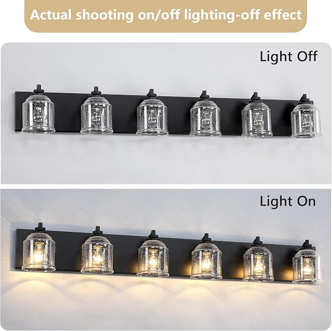 6-Light Bathroom Vanity Lights Large 48in with Bubble Glass Shades | Farmhouse Rustic style, Matte Black Metal Base, E26 Ceramic Socket, UL&ETL Listed, Up&Down Mountable, Hardwired, over Mirror