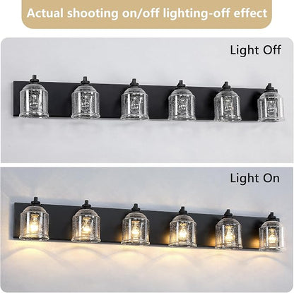 6-Light Bathroom Vanity Lights Large 48in with Bubble Glass Shades | Farmhouse Rustic style, Matte Black Metal Base, E26 Ceramic Socket, UL&ETL Listed, Up&Down Mountable, Hardwired, over Mirror